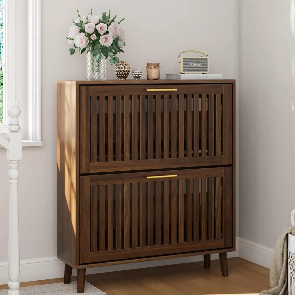 Shoe Storage Cabinet with 2 Flip Slatted Drawers - Image 1