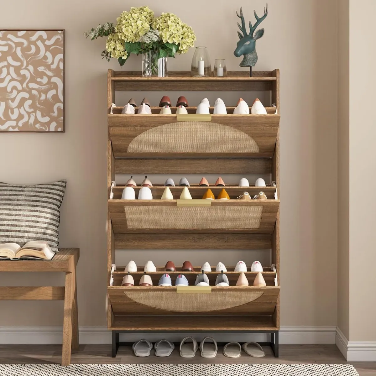Rattan Shoe Storage Cabinet with Adjustable - Image 3