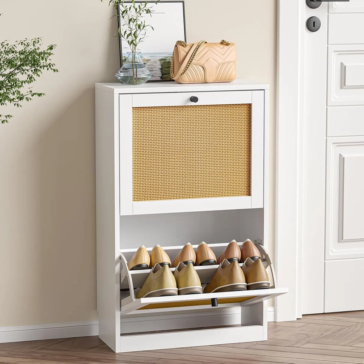 White Rattan Shoe Cabinet Wooden Rack with 2 Flip - Image 3