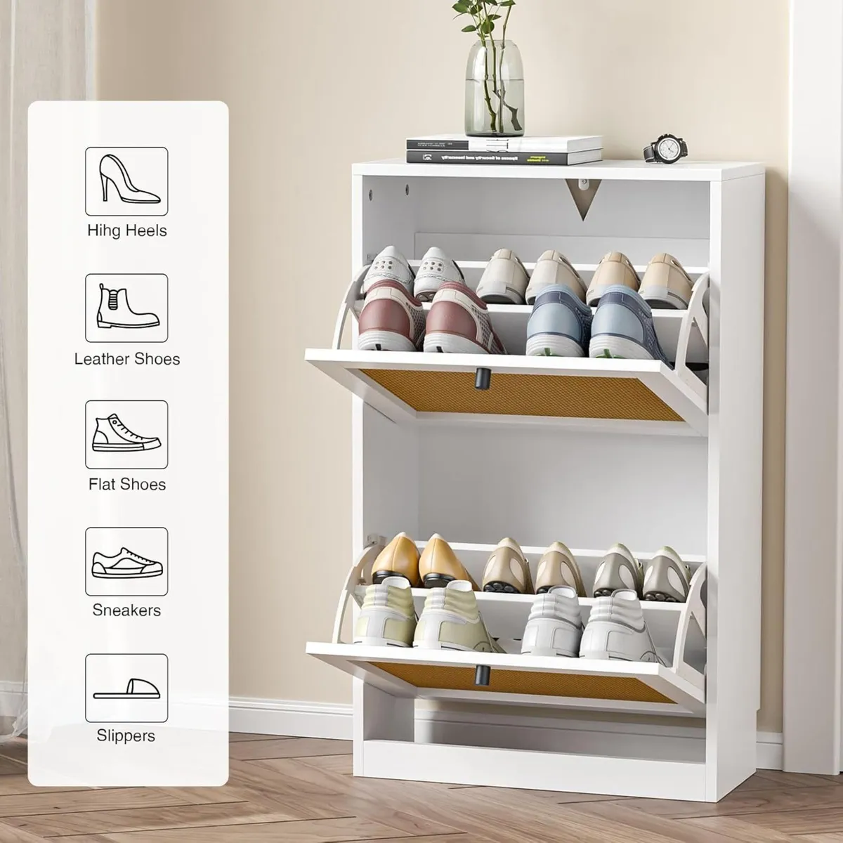 White Rattan Shoe Cabinet Wooden Rack with 2 Flip - Image 4