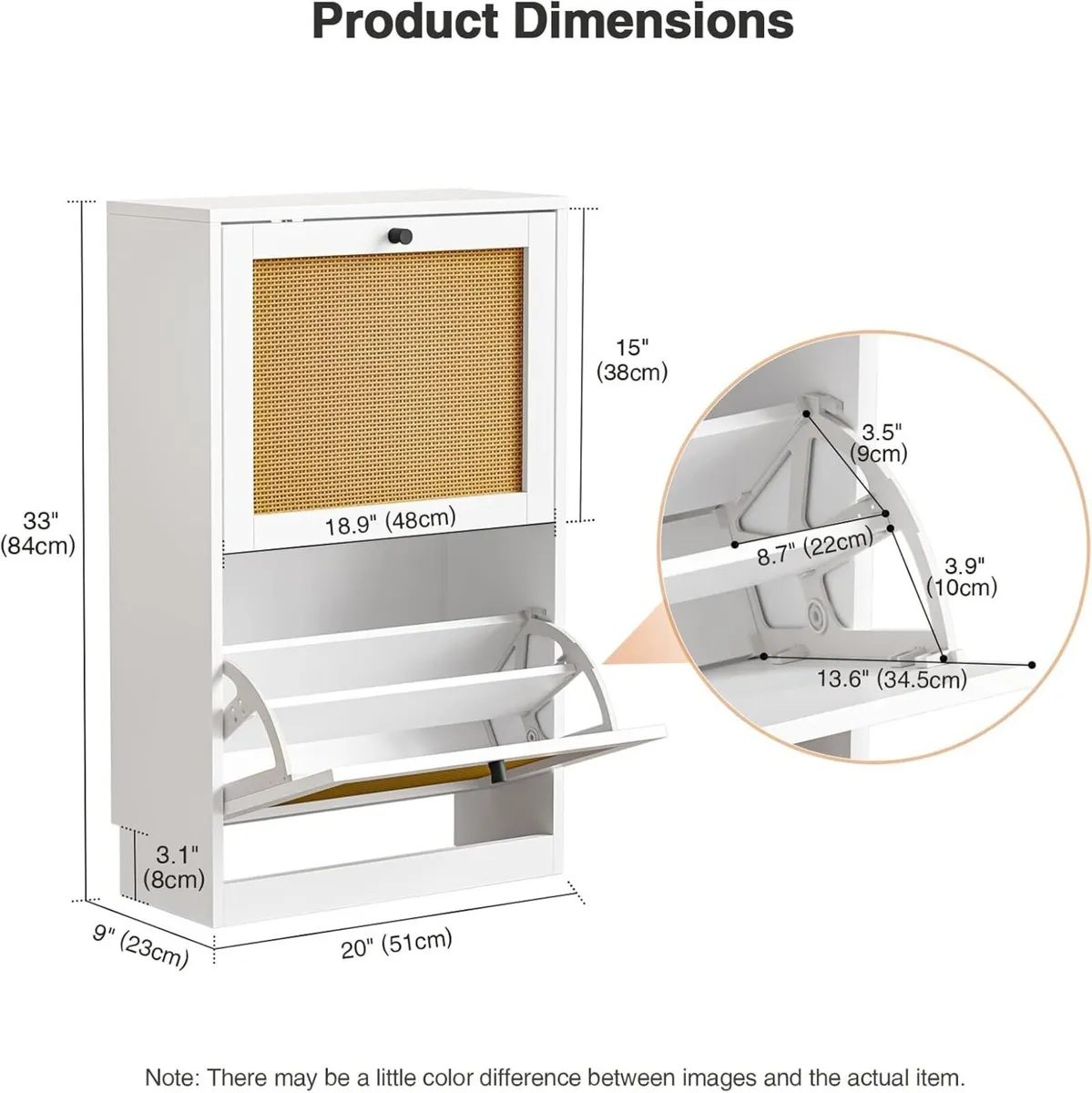 White Rattan Shoe Cabinet Wooden Rack with 2 Flip - Image 2