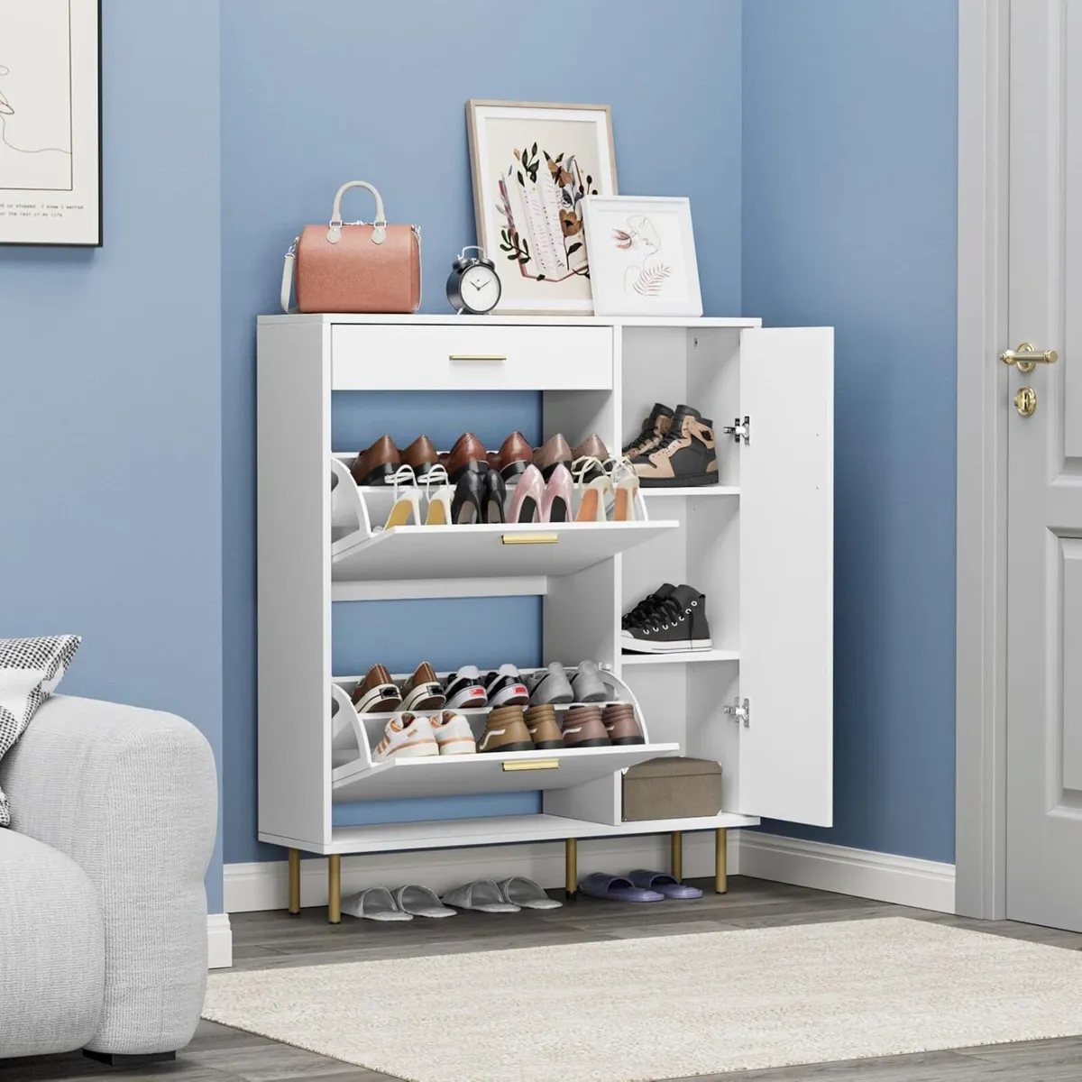 Slim Shoe Cabinet with 2 Flip Drawers 1 Door - Image 3