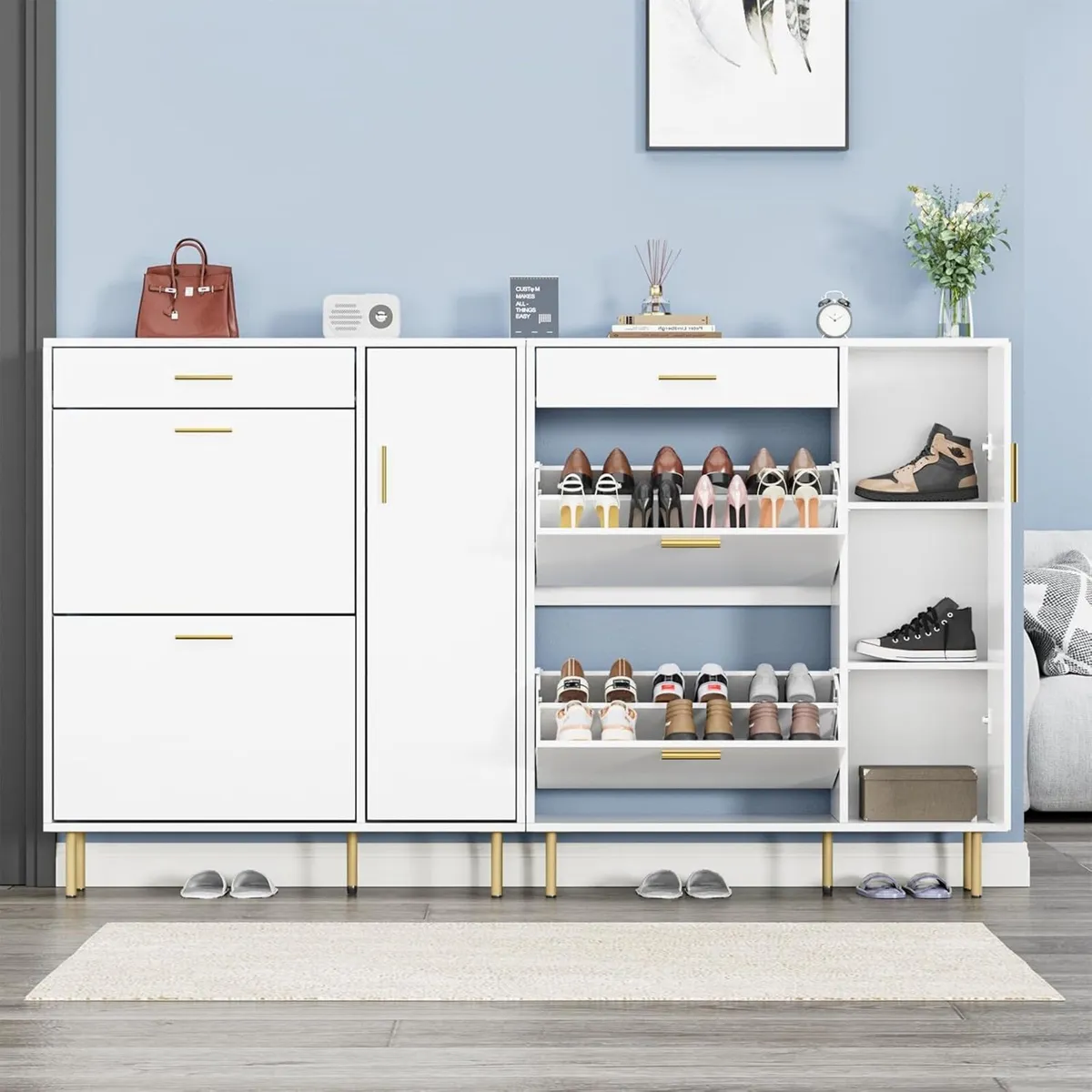 Slim Shoe Cabinet with 2 Flip Drawers 1 Door - Image 4
