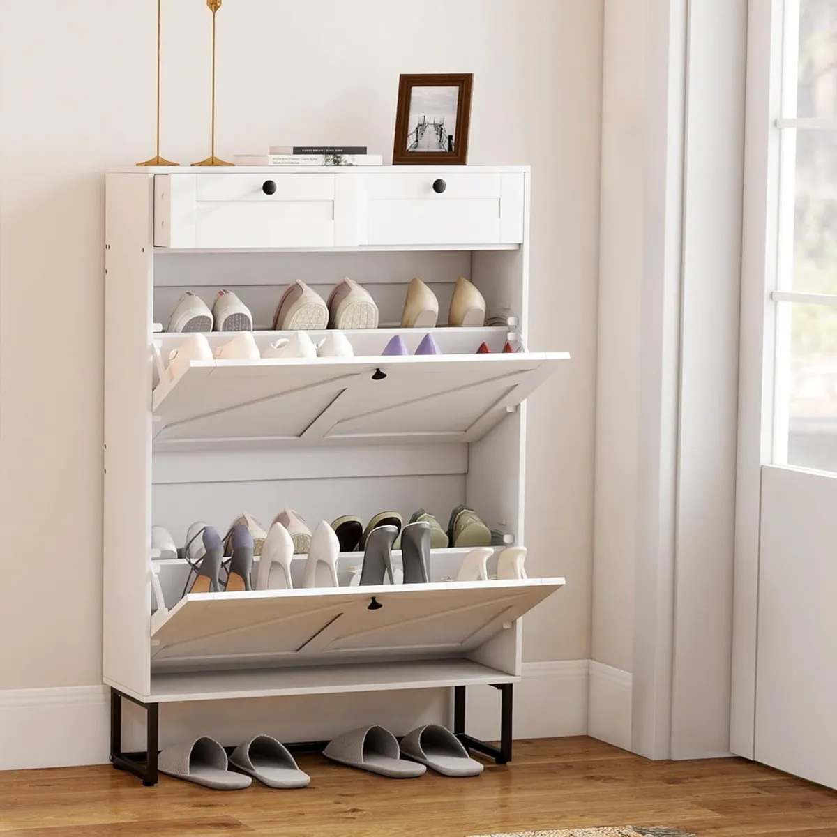 Shoe Cabinet with 2 Flip Drawers Storage Wooden - Image 1