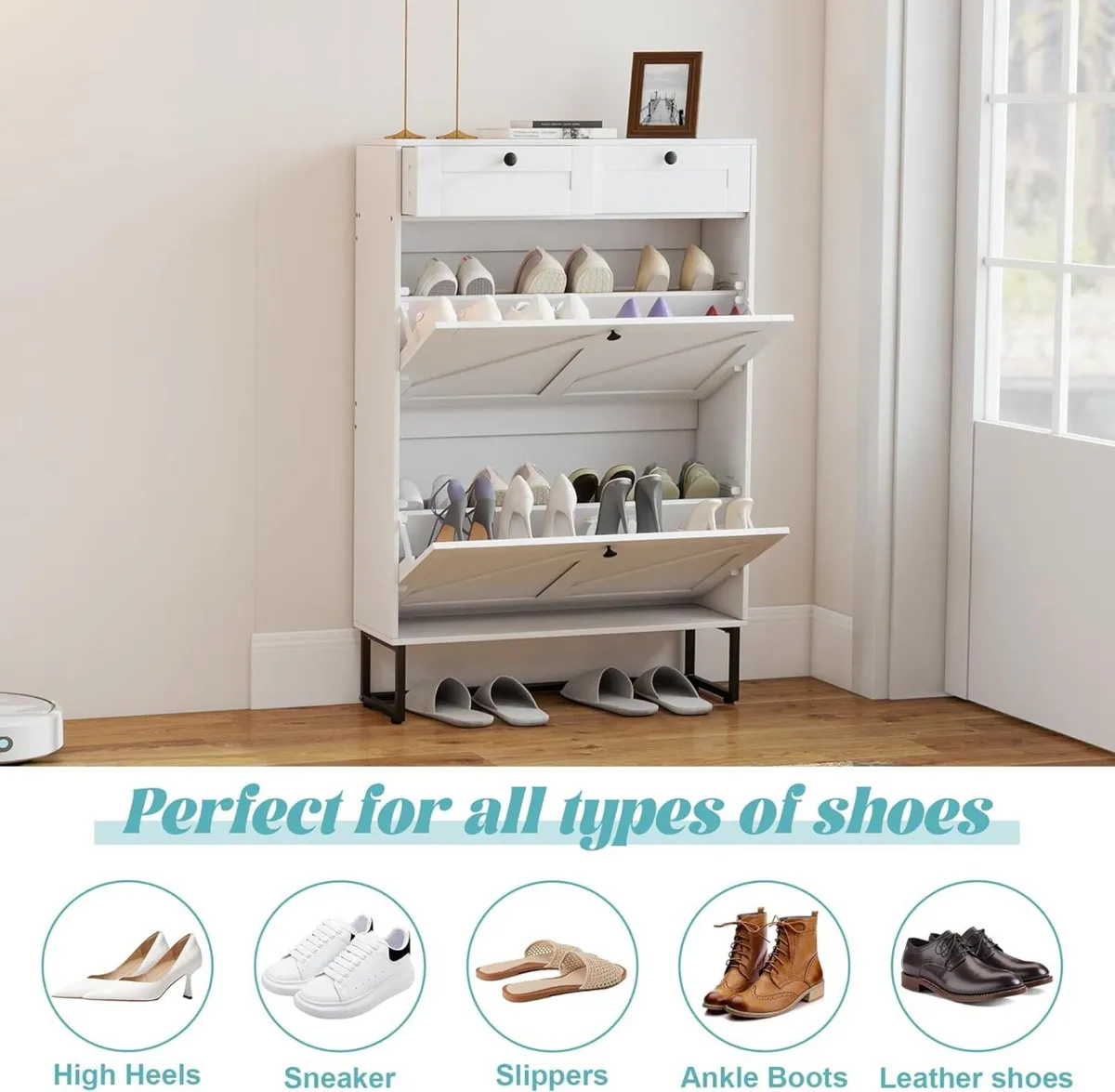 Shoe Cabinet with 2 Flip Drawers Storage Wooden - Image 3