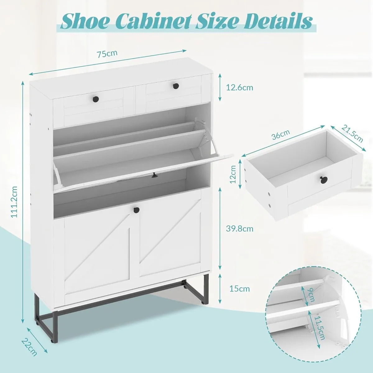 Shoe Cabinet with 2 Flip Drawers Storage Wooden - Image 2
