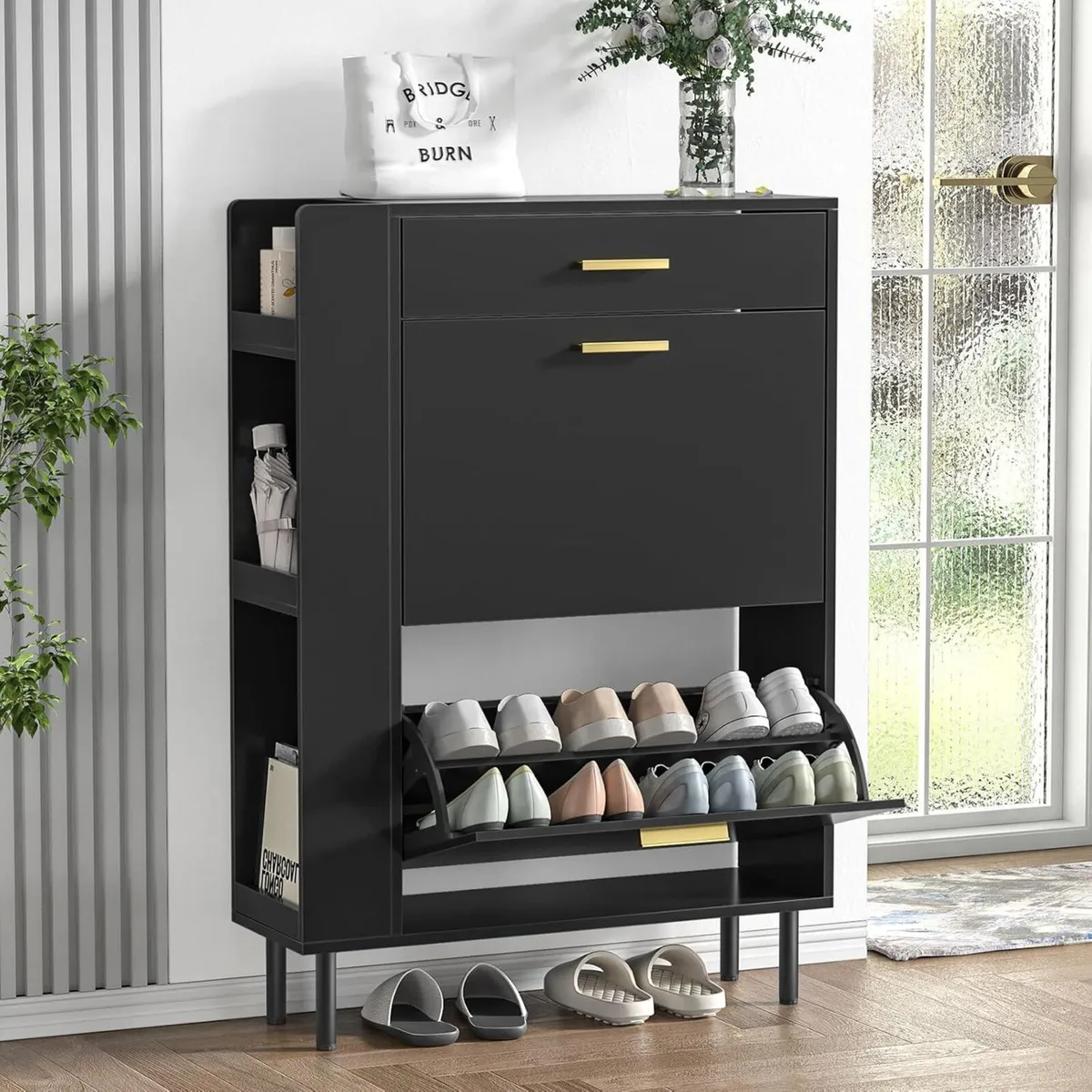 Wooden Shoe Storage Cabinet with 2 Flip Drawers - Image 1