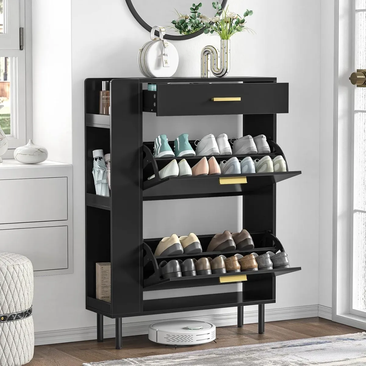 Wooden Shoe Storage Cabinet with 2 Flip Drawers - Image 3