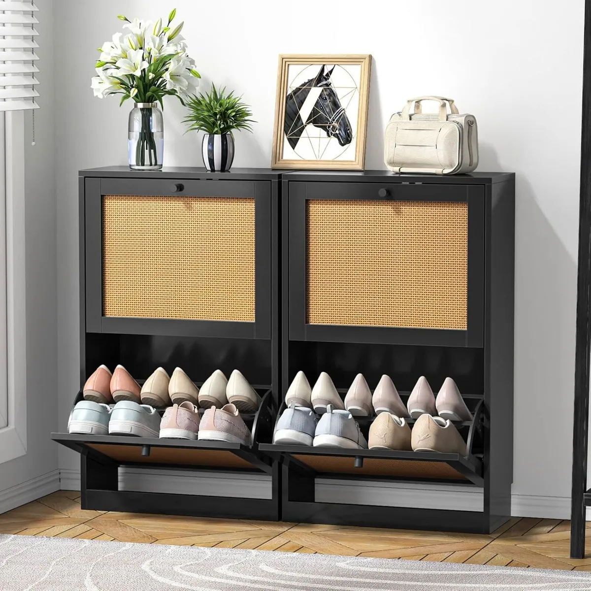 Rattan Shoe Cabinet 84 x 51 23 cm 2 Flip Drawer - Image 2