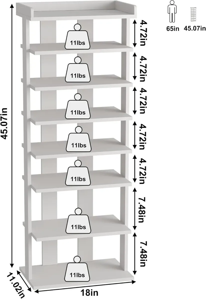 Narrow Shoe Rack Double Rows 7-Tier Wood Shelf - Image 2