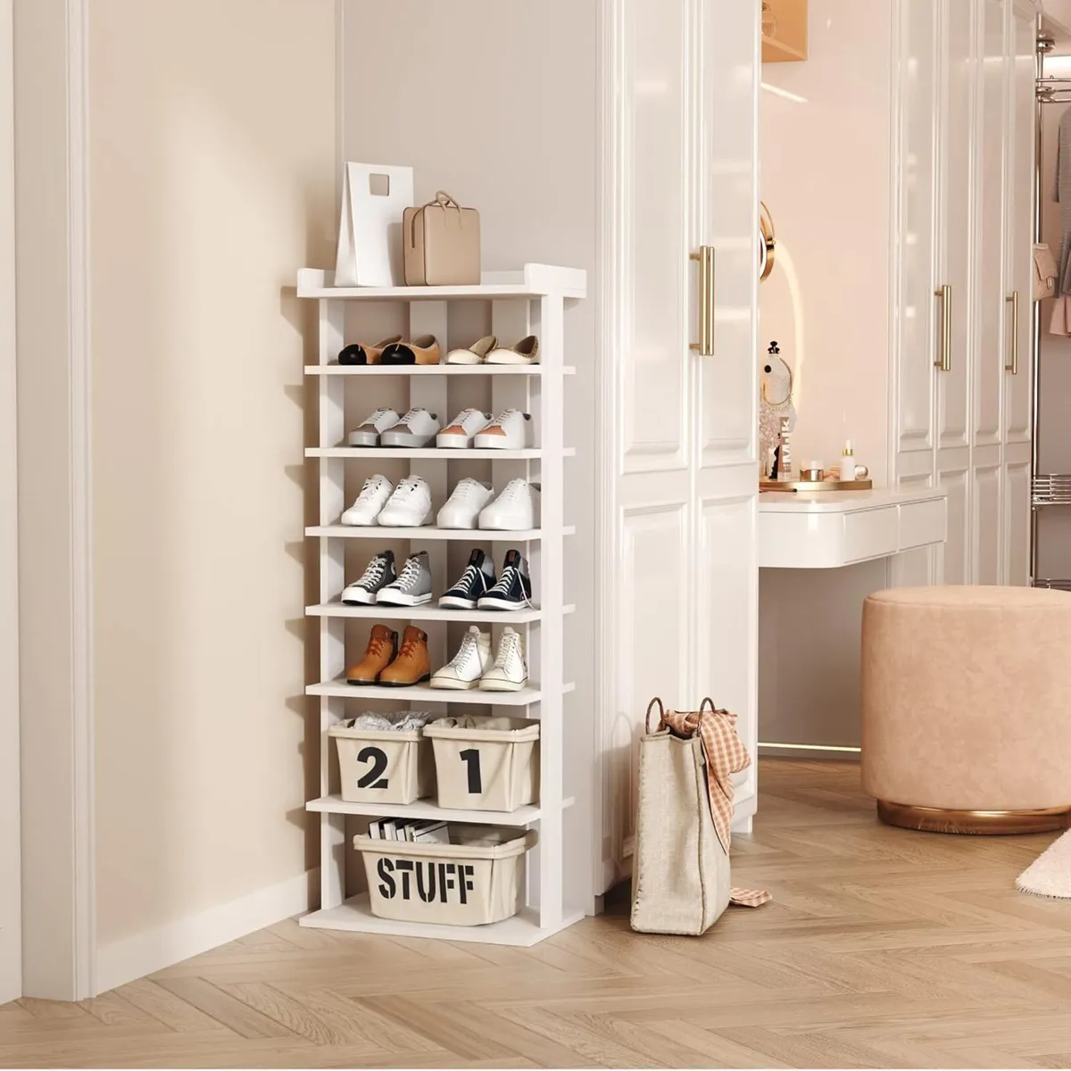 Narrow Shoe Rack Double Rows 7-Tier Wood Shelf - Image 3