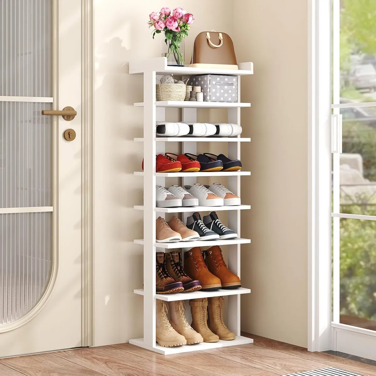 Narrow Shoe Rack Double Rows 7-Tier Wood Shelf - Image 1