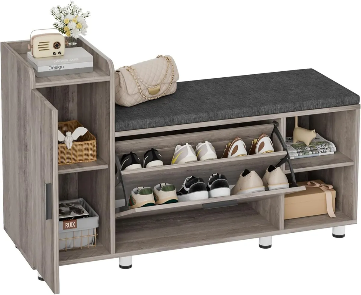Shoe Storage Bench with Cushion Grey 105cm Lounge - Image 1