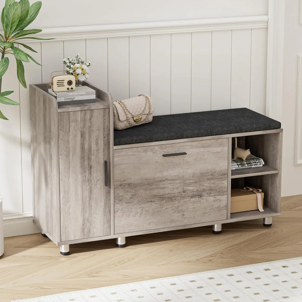 Shoe Storage Bench with Cushion Grey 105cm Lounge - Image 2