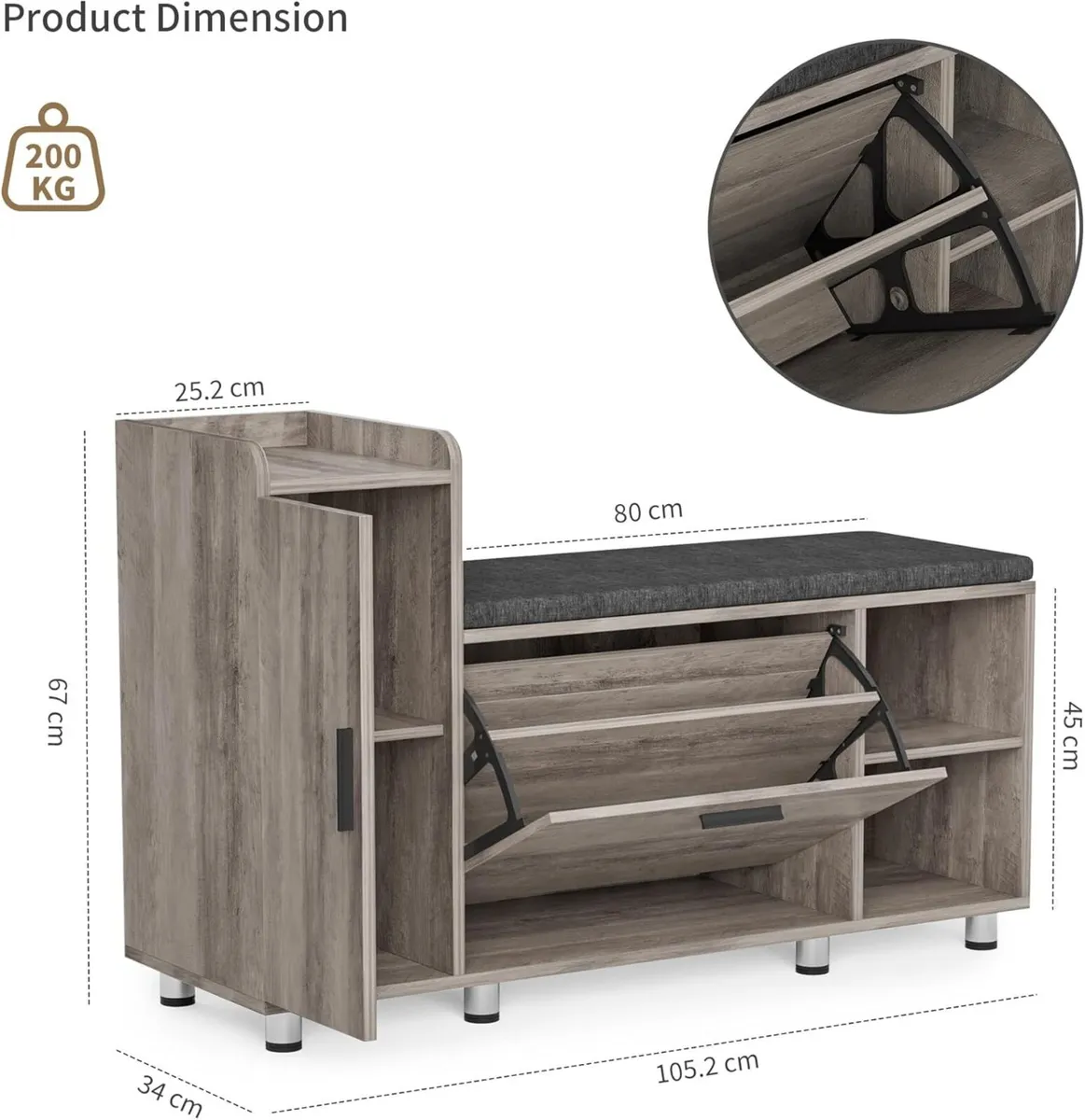 Shoe Storage Bench with Cushion Grey 105cm Lounge - Image 3