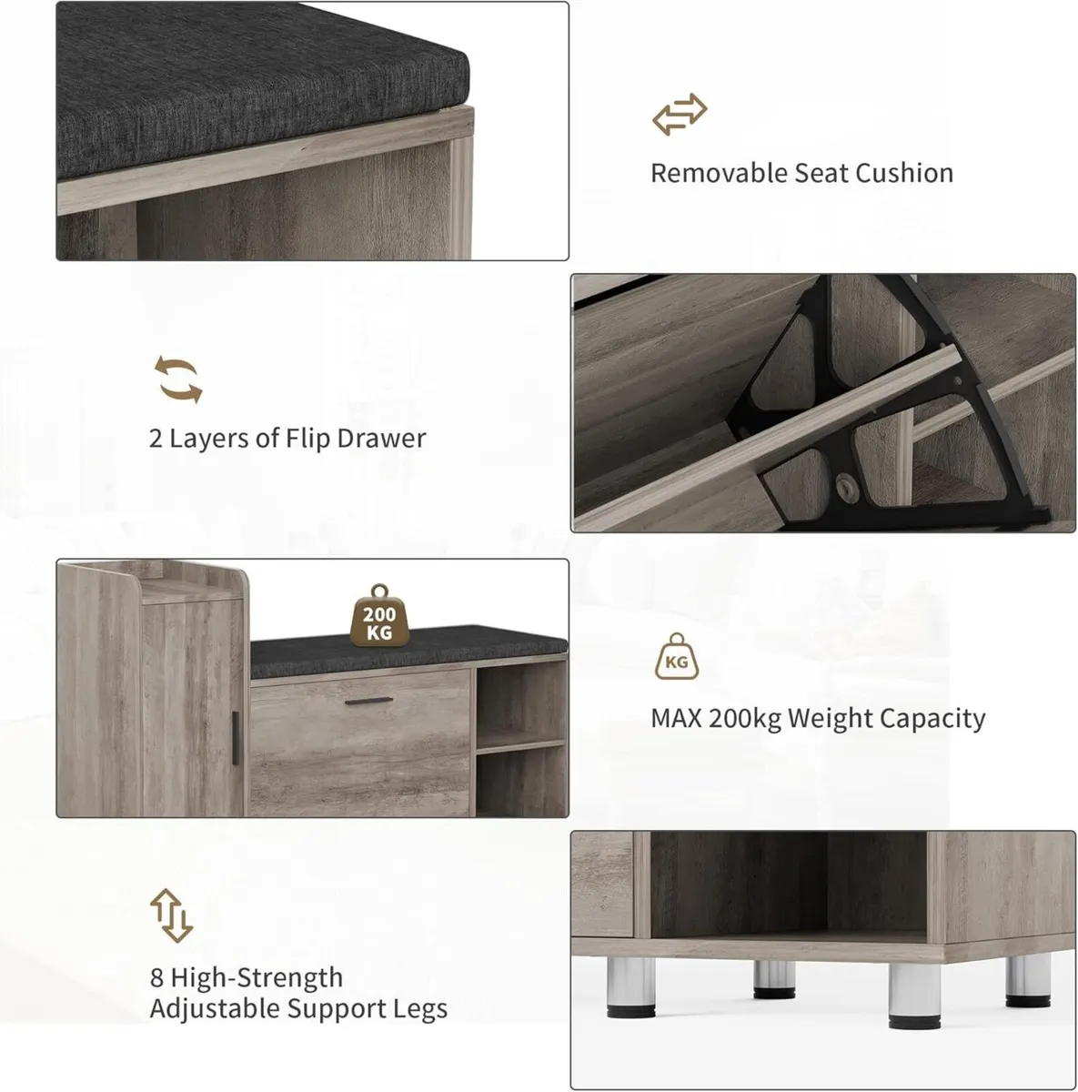 Shoe Storage Bench with Cushion Grey 105cm Lounge - Image 4