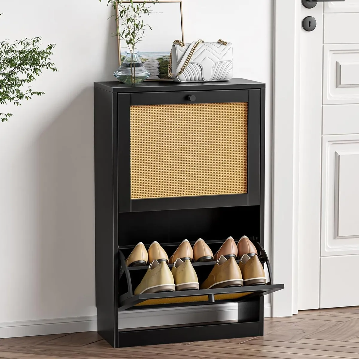 Rattan Slim 2 Drawer Shoe Cabinet for Entryway - Image 1