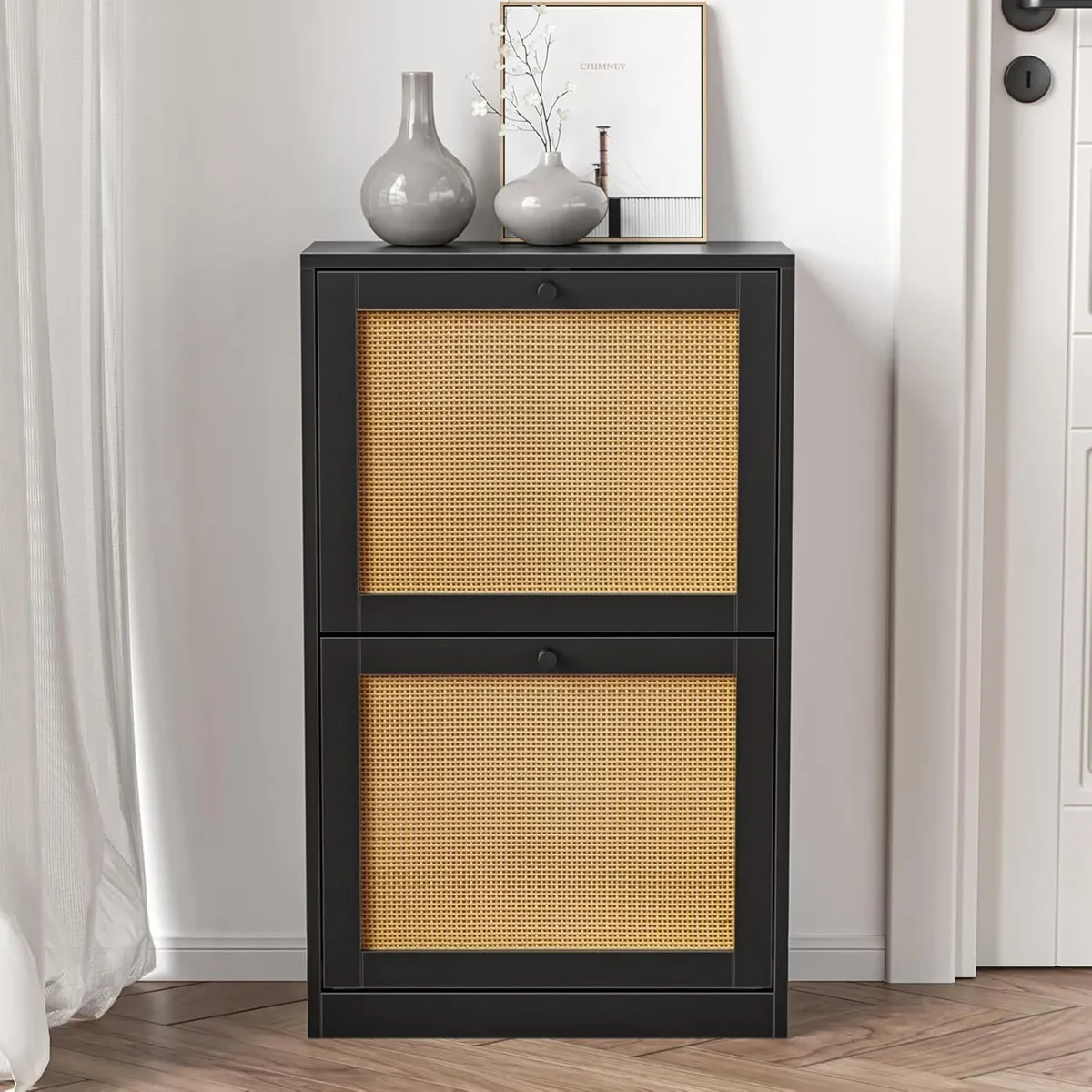 Rattan Slim 2 Drawer Shoe Cabinet for Entryway - Image 3