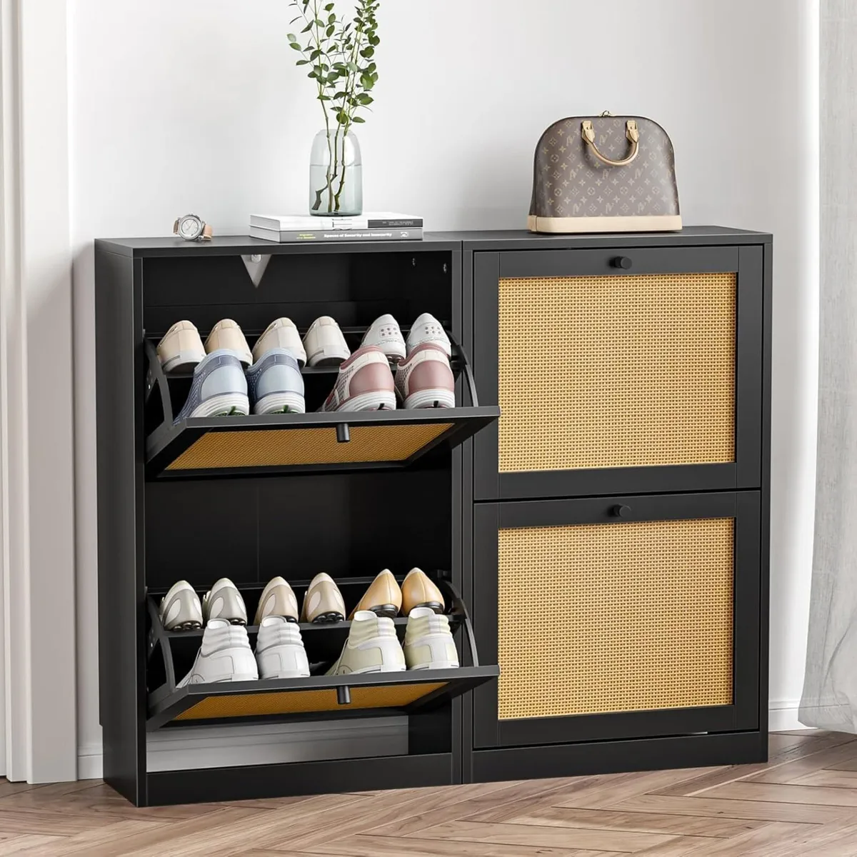 Rattan Slim 2 Drawer Shoe Cabinet for Entryway - Image 4