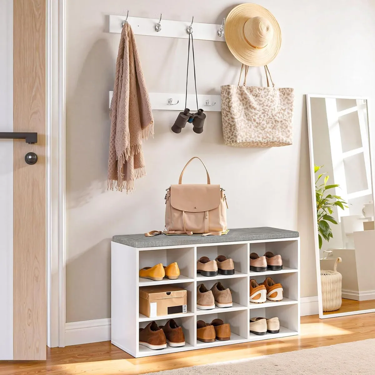 Shoe Storage Bench with Cushion and Coat Hooks - Image 2
