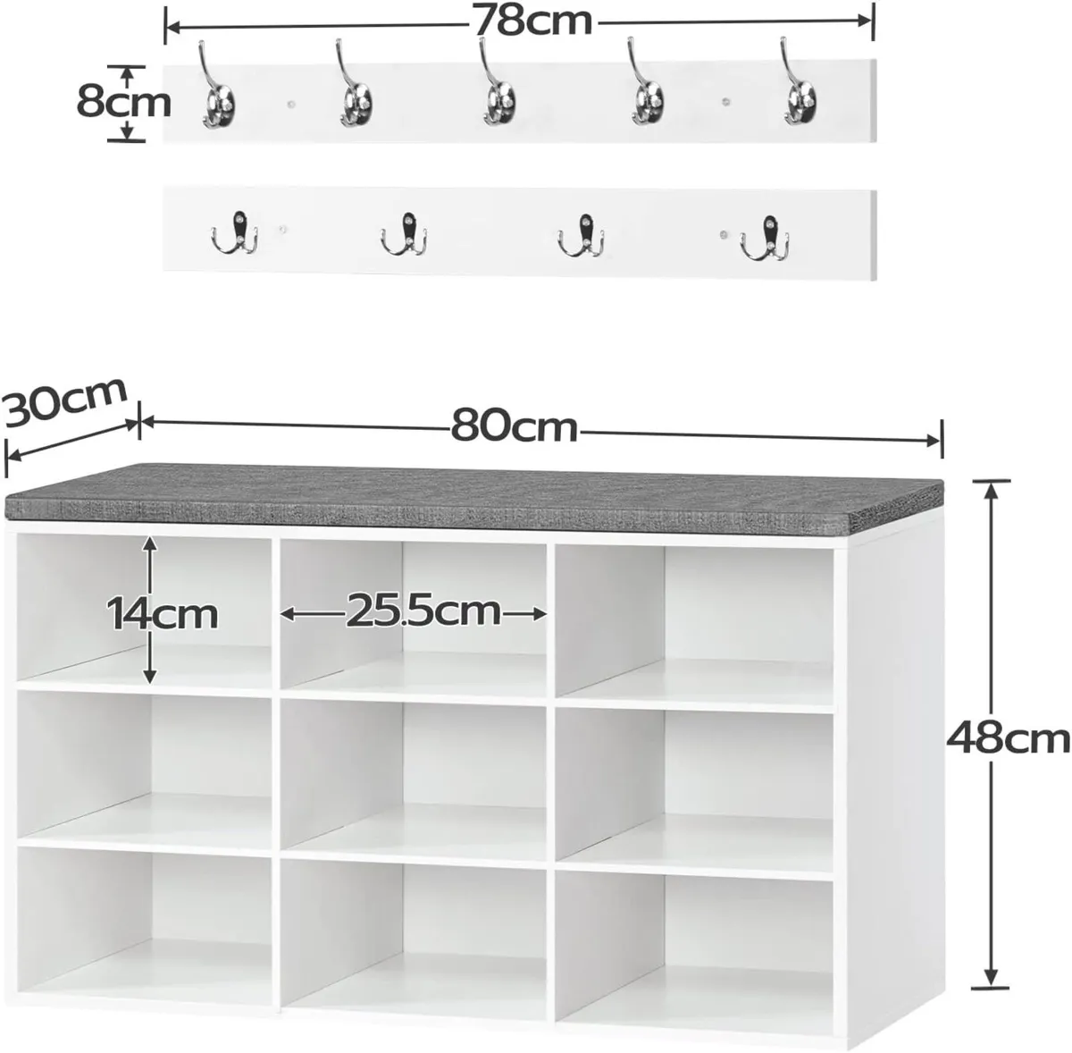 Shoe Storage Bench with Cushion and Coat Hooks - Image 3
