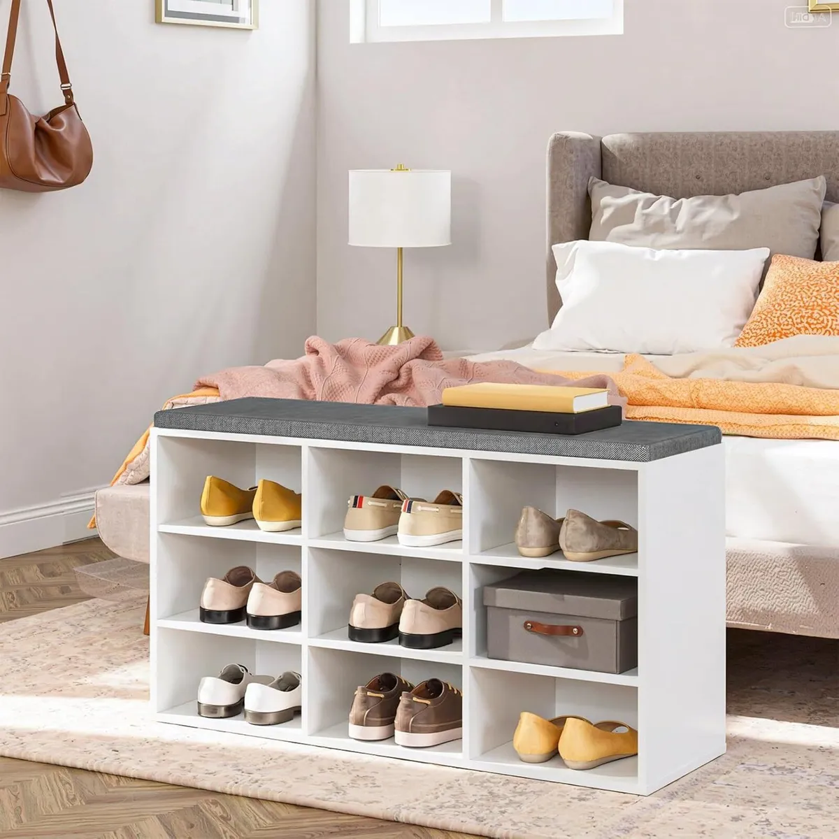 Shoe Storage Bench with Cushion and Coat Hooks - Image 4