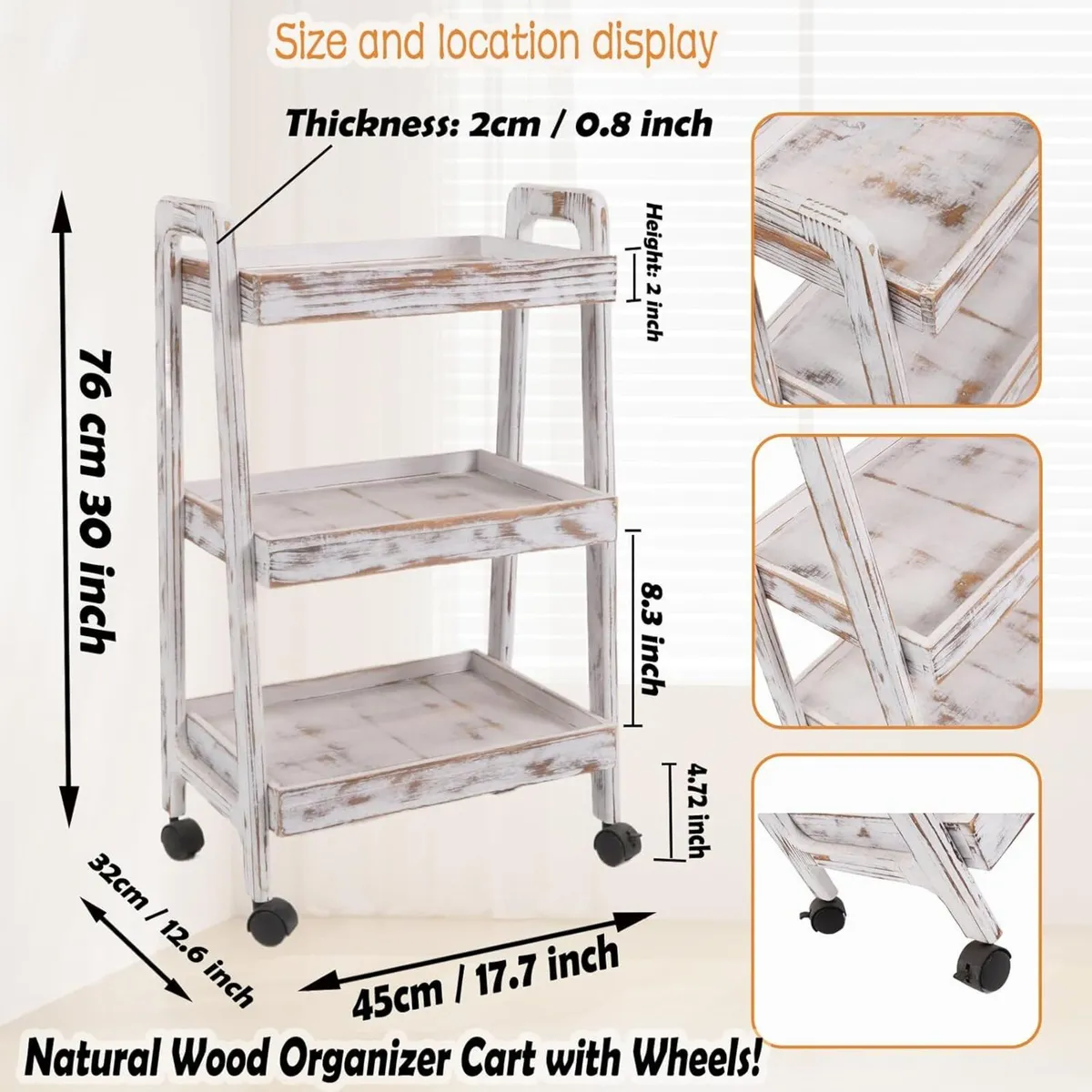 3-Tier Wooden Rolling Cart- Utility Cart wit - Image 3