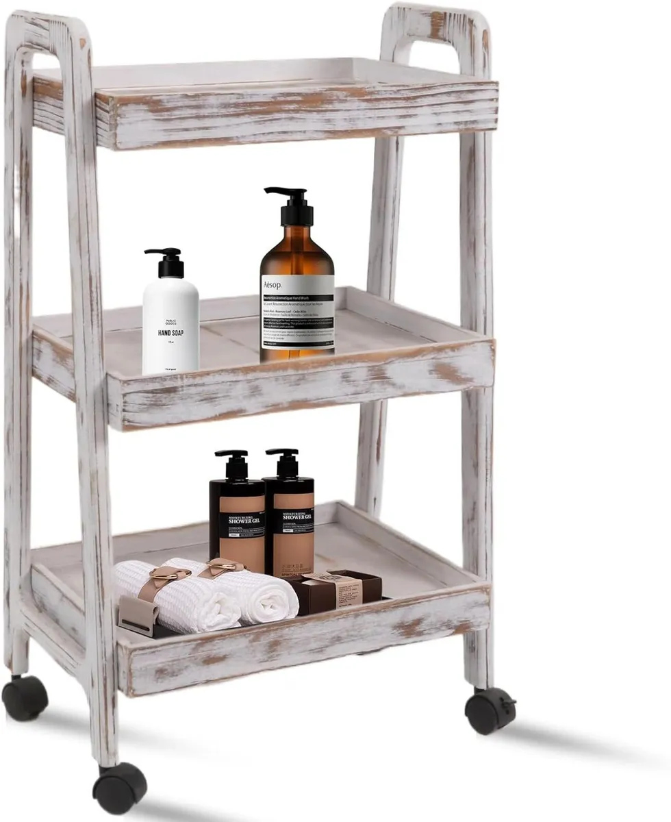 3-Tier Wooden Rolling Cart- Utility Cart wit - Image 1