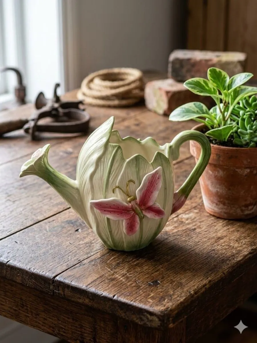 Majolica Butterfly Cabbage Ceramic Watering Pail - Image 1