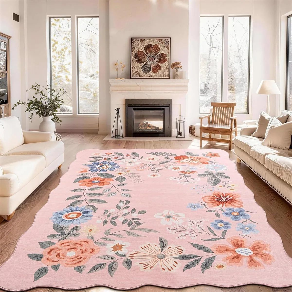 Living Room Rug Large Low Pile Vintage Scalloped - Image 1