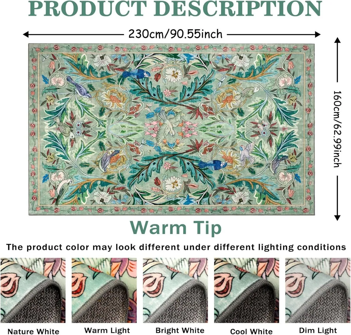 Washable Area Rug for Living Room Green 160x230cm - Image 2