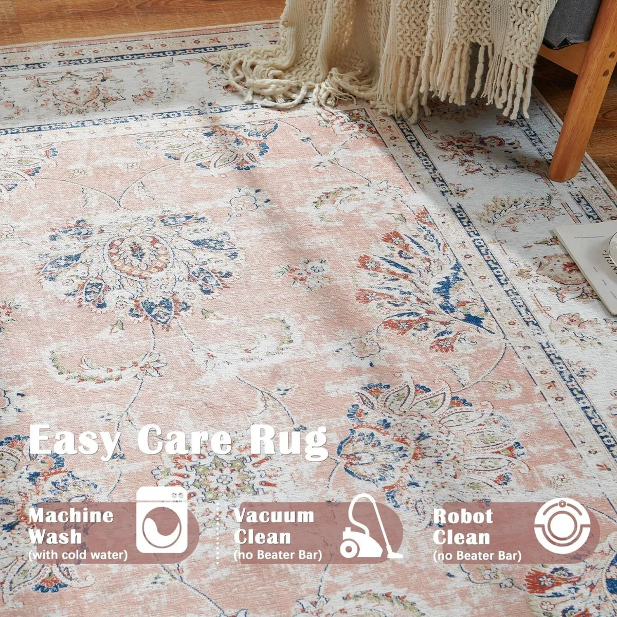 Large Rug 180x270cm Washable Floral Pink Non Slip - Image 2