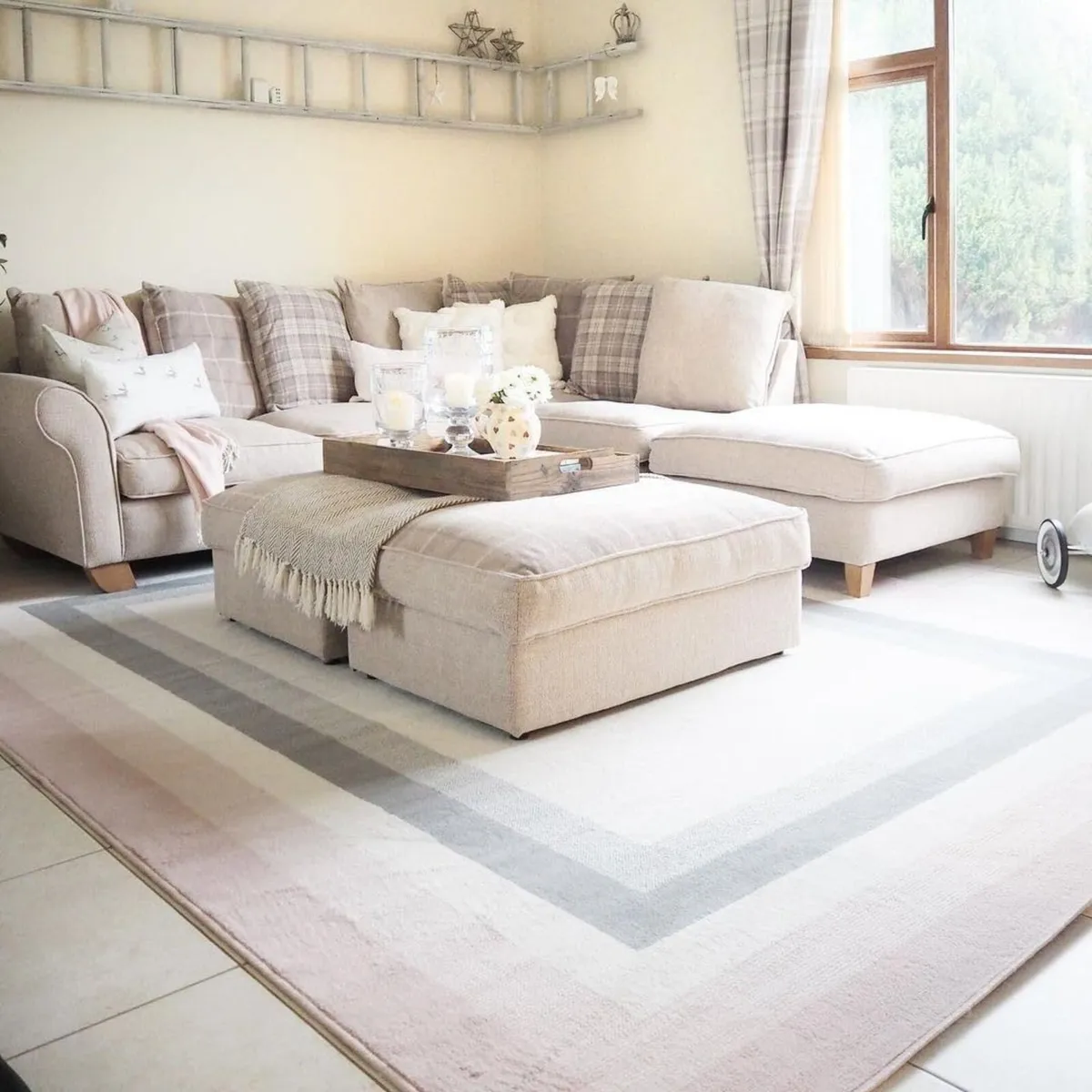 Pink Grey Living Room Rug Border White Durable