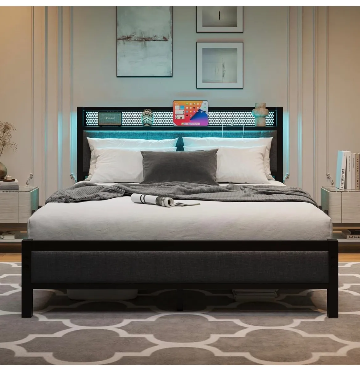 Upholstered Bed Frame Double Bed with Charging Sta - Image 2