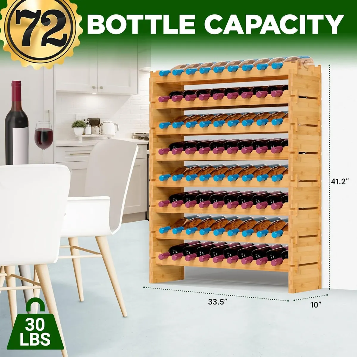 Bamboo Wine Rack Freestanding 8-Tier 72 Bottle - Image 3