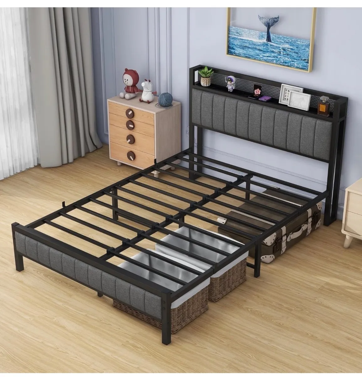 Double Bed Frame with Storage Headboard Shelf, 4ft - Image 3