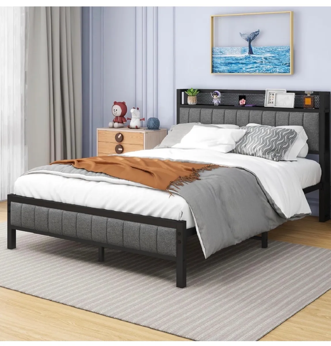 Double Bed Frame with Storage Headboard Shelf, 4ft - Image 1