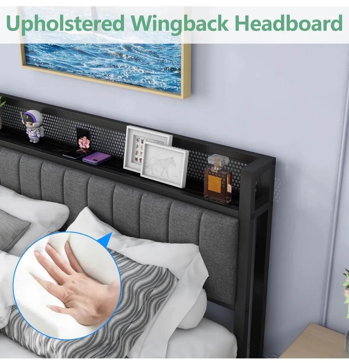 Double Bed Frame with Storage Headboard Shelf, 4ft - Image 2