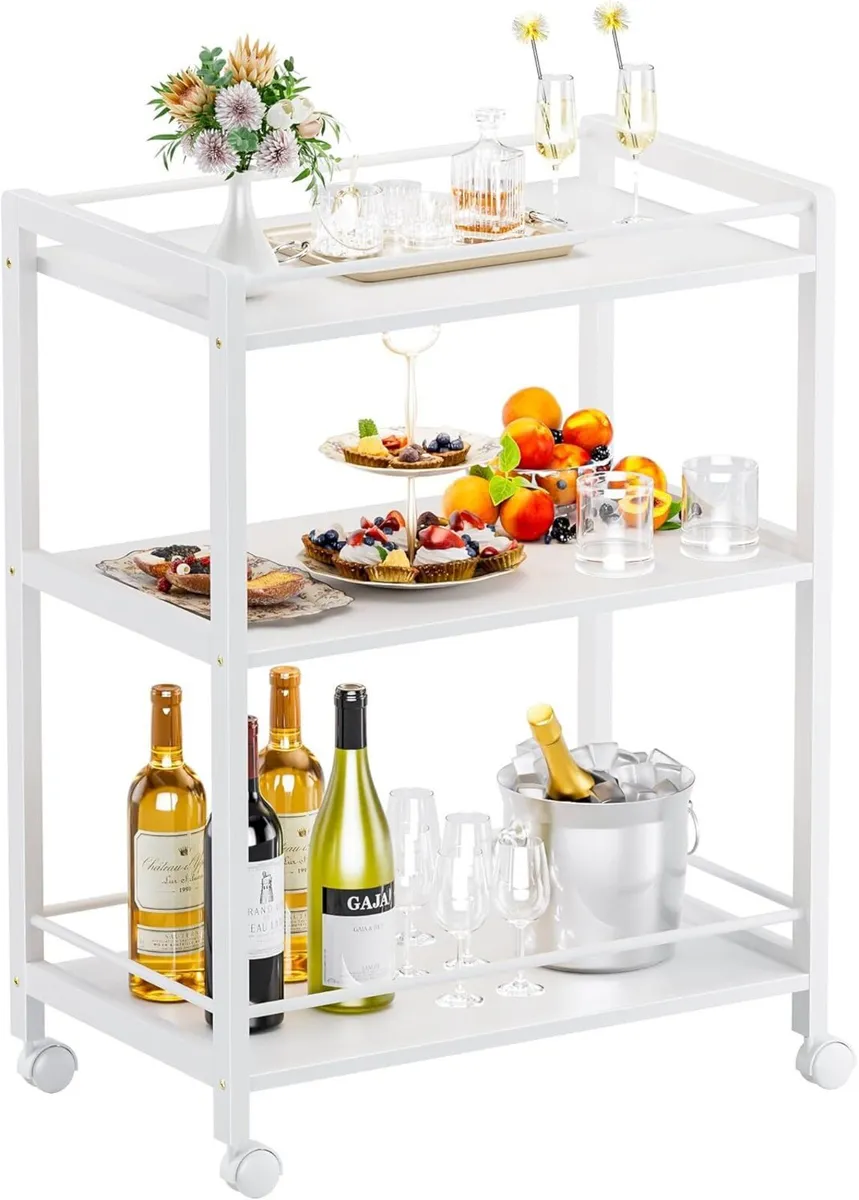 White Bar Cart Home Serving Kitchen Trolley on - Image 1