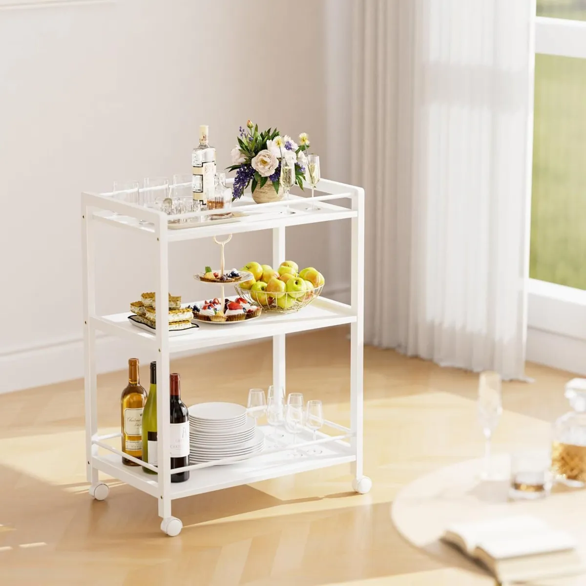 White Bar Cart Home Serving Kitchen Trolley on - Image 4