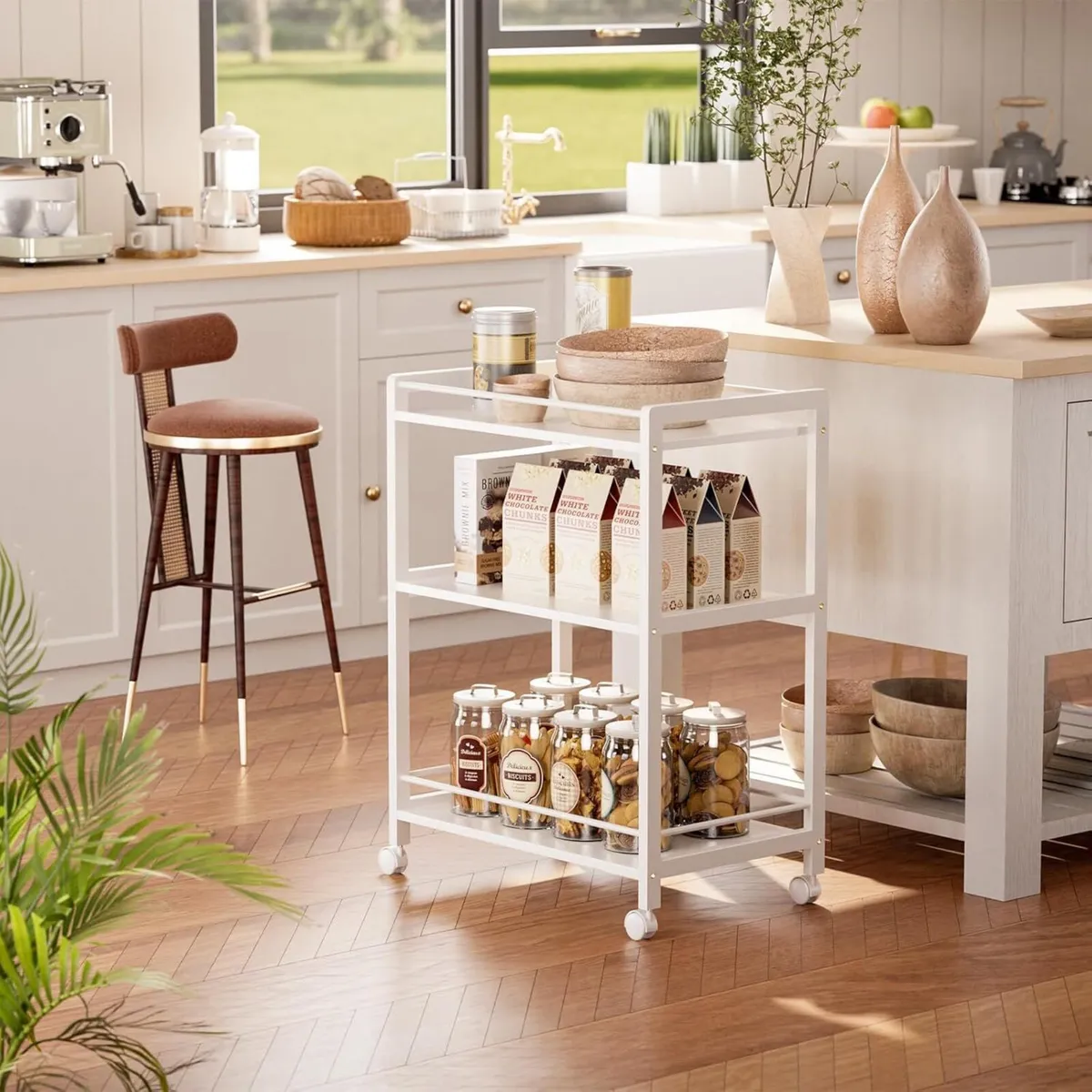 White Bar Cart Home Serving Kitchen Trolley on - Image 2