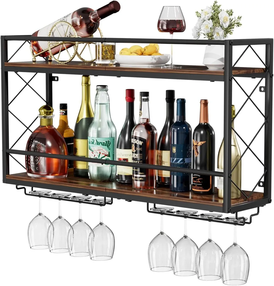 Wine Rack Wall Mount 2 Tier with Glass Holder - Image 1