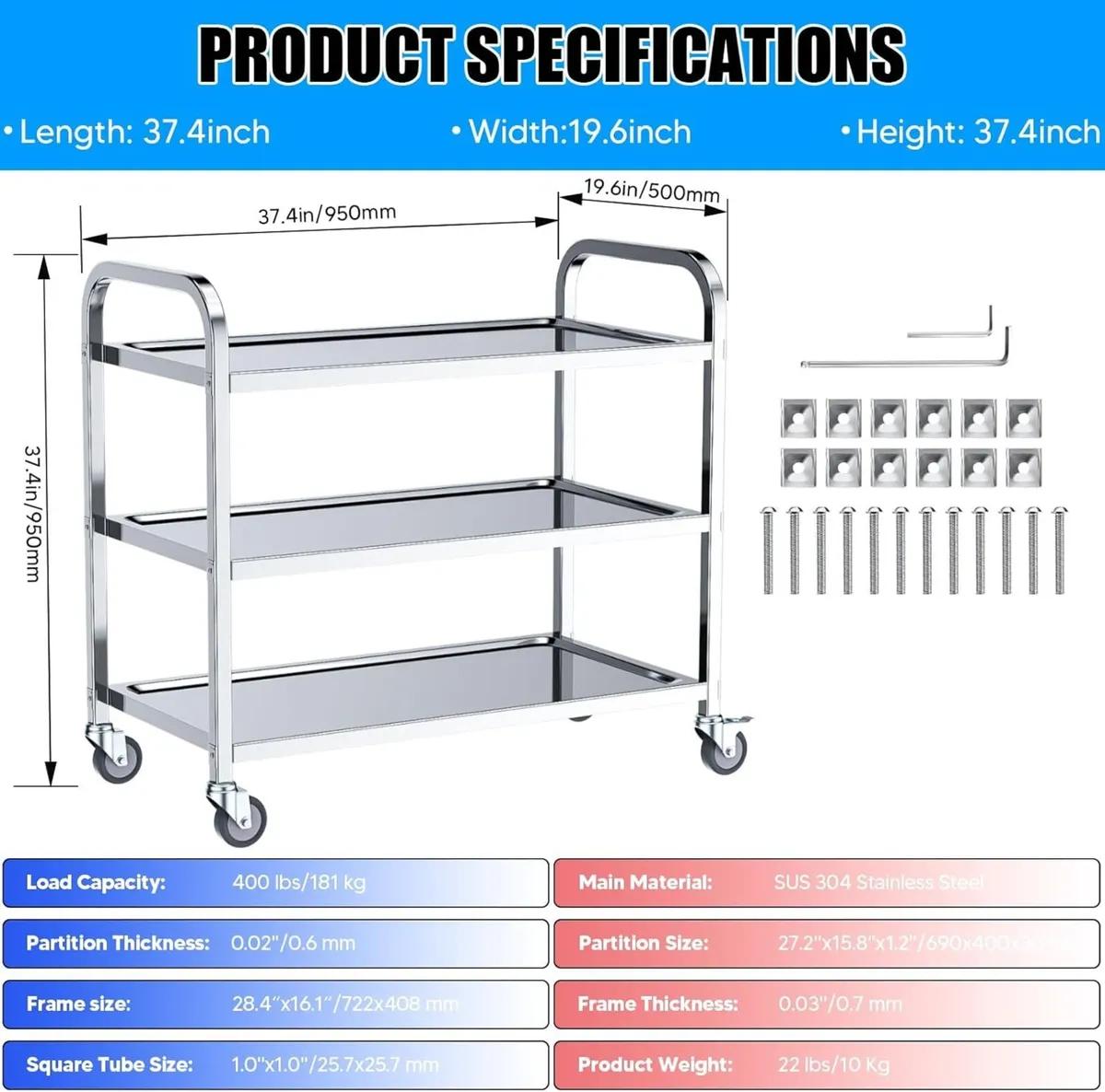 3 Tier Stainless Steel Kitchen Utility Cart - Image 2