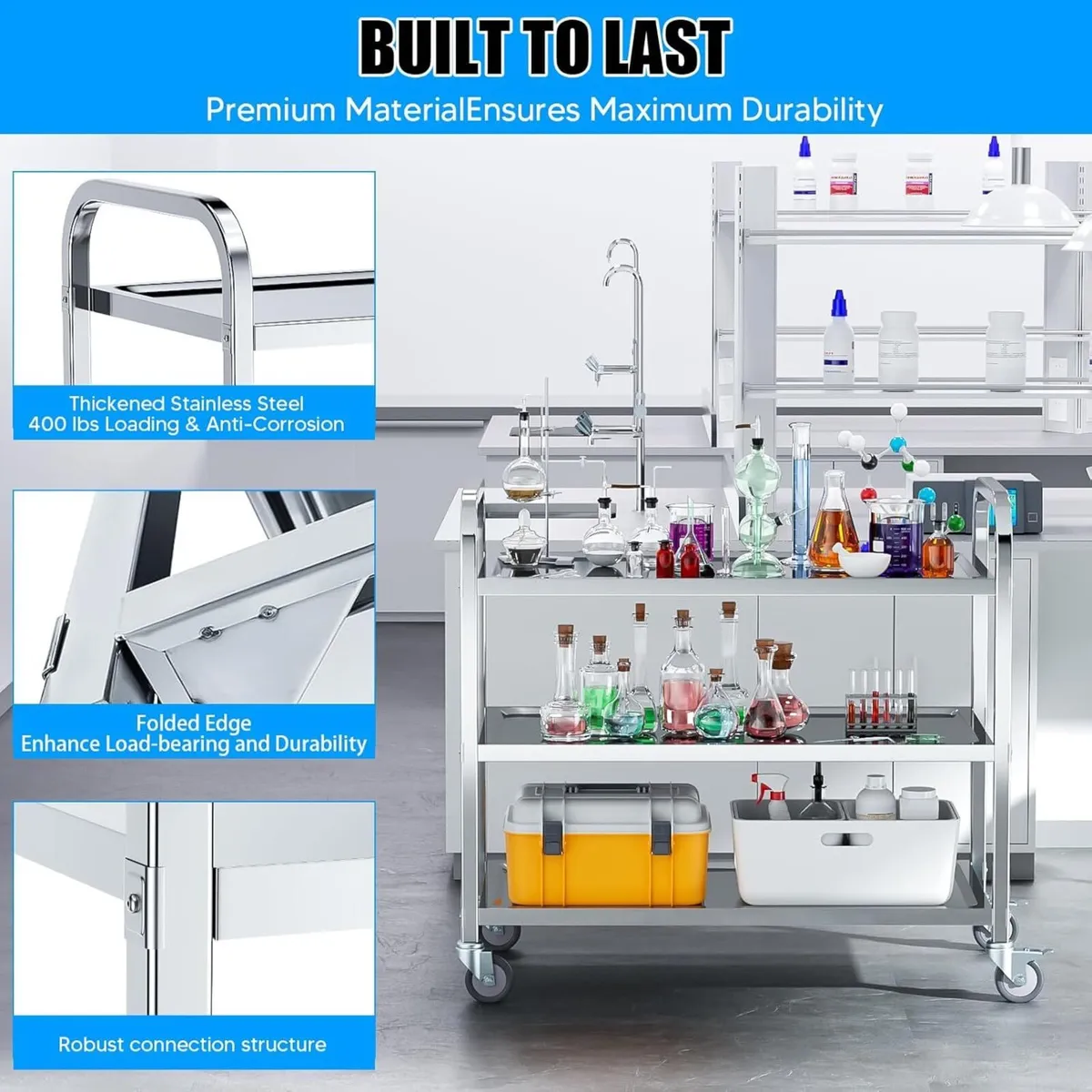 3 Tier Stainless Steel Kitchen Utility Cart - Image 4