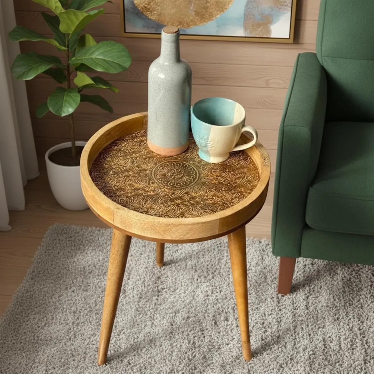 Handcrafted Mango Wood Side Table with Detachable - Image 1