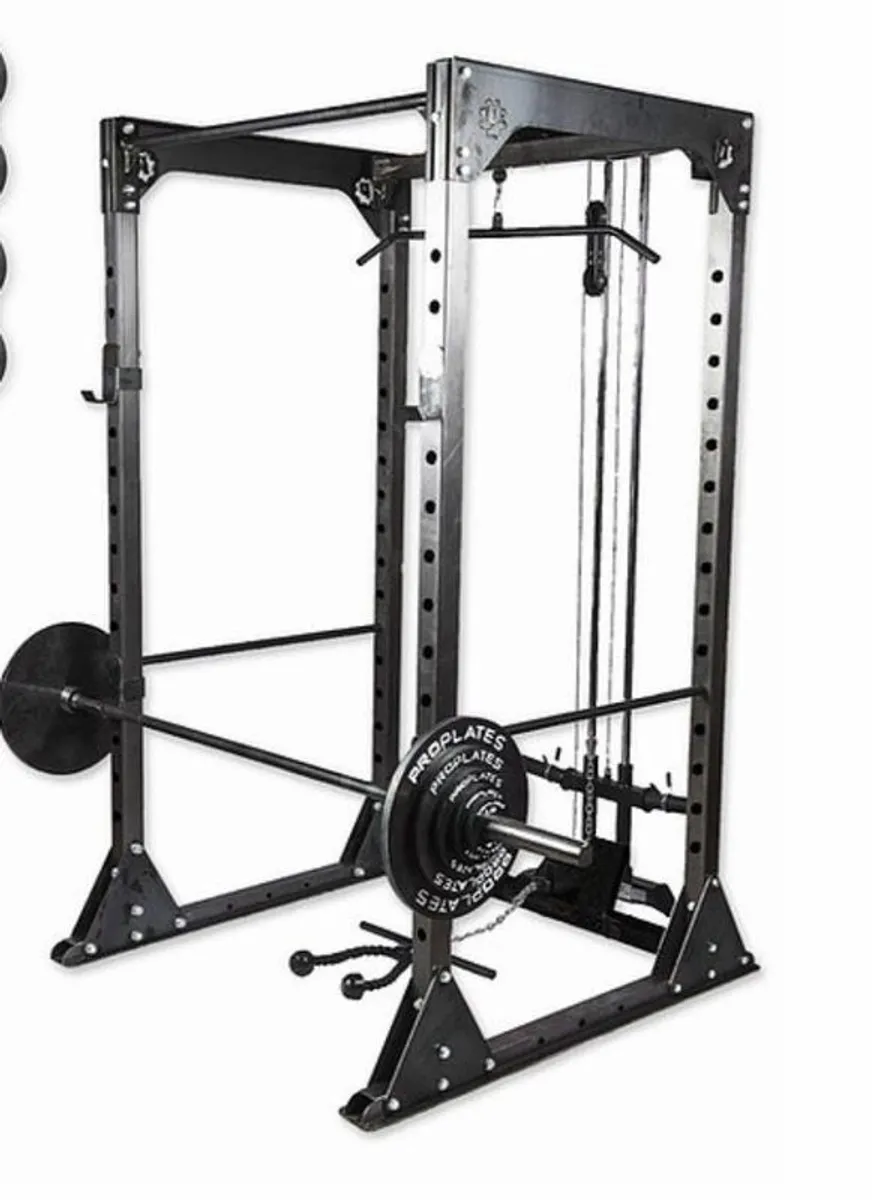 Pro Plates Commercial Power Rack with Lat Pulldown, Low Row + 97.5kg steel plates + 500kg bumper weights - Image 1