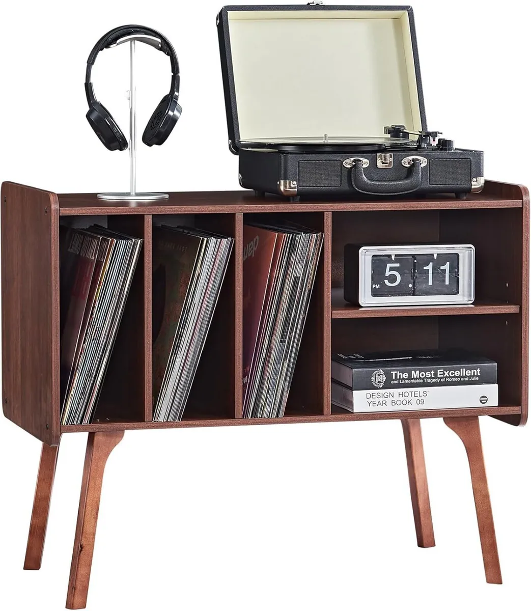 Walnut Record Player Stand with 4 Cabinet Holds - Image 1