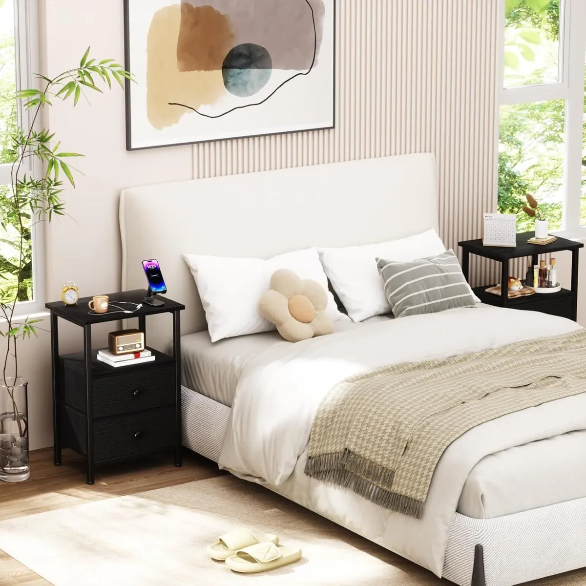 Bedside Table Set of 2 Side with Fabric Drawers - Image 2