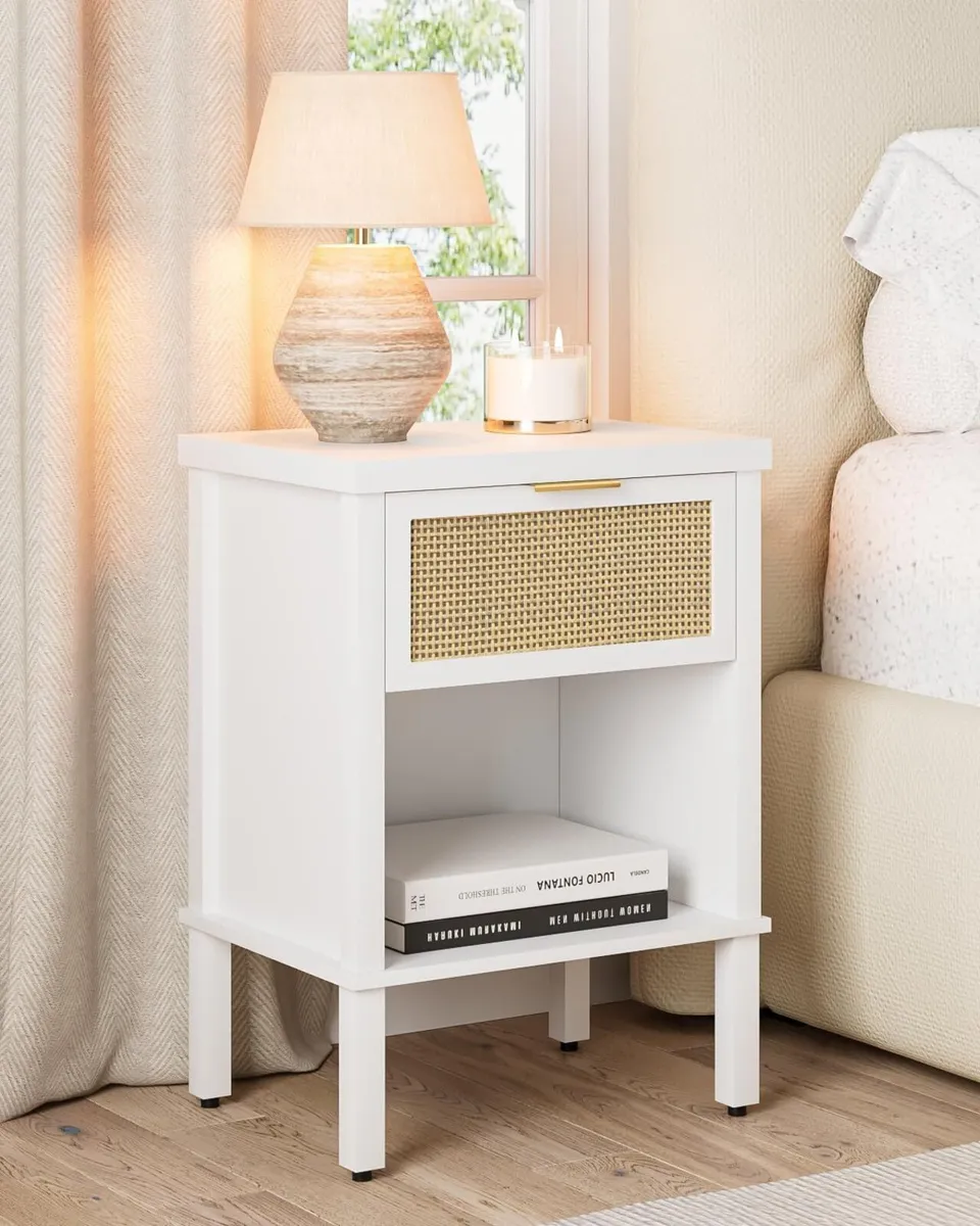 Rattan Bedside Table Wooden Side Boho Nightstand - Image 1