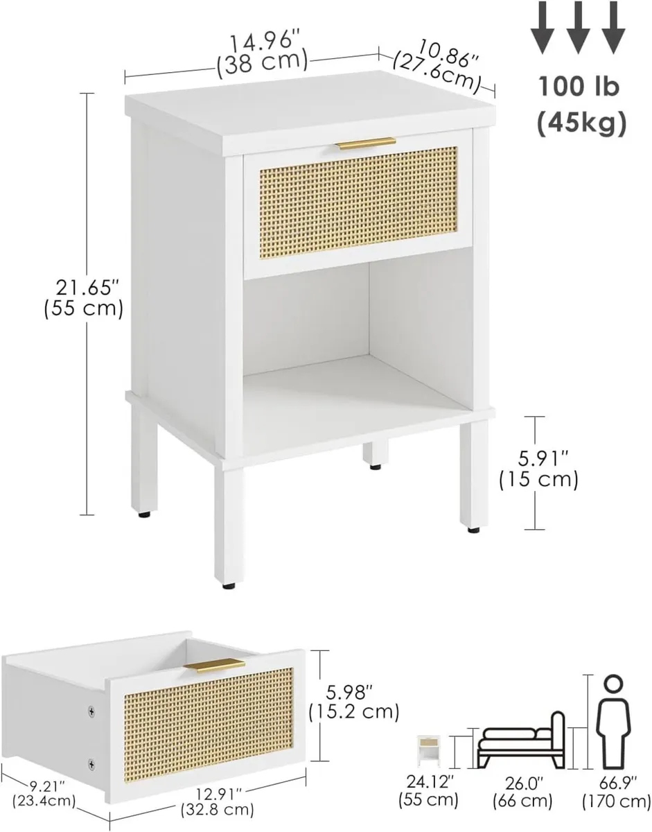 Rattan Bedside Table Wooden Side Boho Nightstand - Image 2